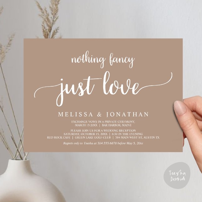 Invitation Mariage Elopement, Rien De Fancy Just Love Diner (Wedding Elopement, Nothing Fancy Just Love Dinner Invitation Card, PDF, Rustic Cottage Taupe Earthy)