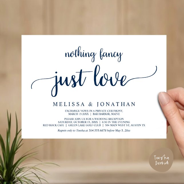 Invitation Mariage Elopement, Rien De Fancy Just Love Diner (Wedding Elopement, Nothing Fancy Just Love Dinner Invitation Card, PDF, Rustic Cottage Navy Blue)