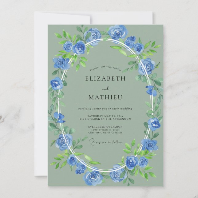 Invitation Mariage Embrasse Botanique Bleu (Devant)