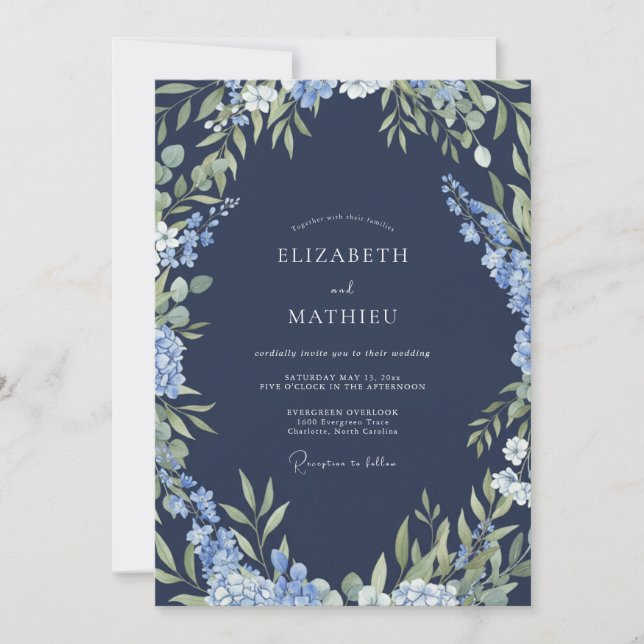 Invitation Mariage Embrasse Botanique Bleu Marine (Devant)