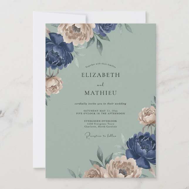 Invitation Mariage Embrasse Botanique Navy Peach (Devant)