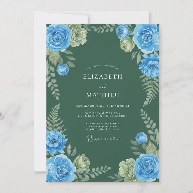 Invitation Mariage Embrasse Botanique Rose Bleue (Devant)
