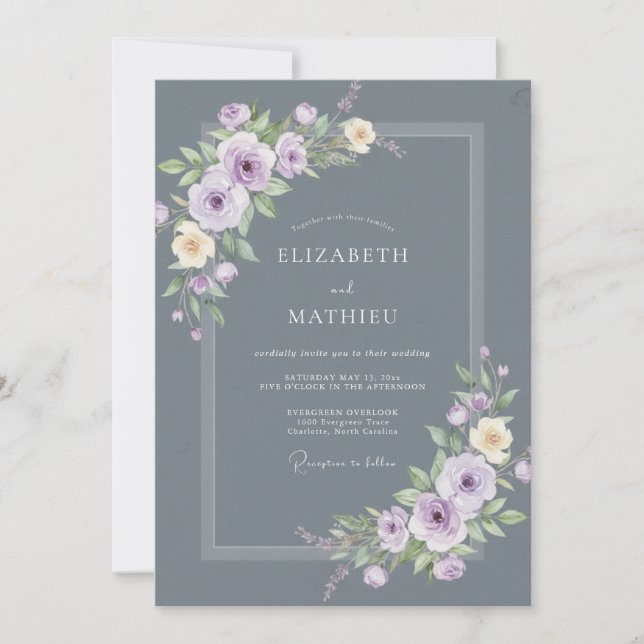 Invitation Mariage Embrasse Botanique Violet Ardoise (Devant)