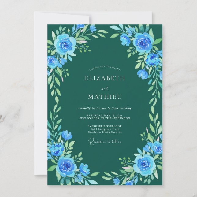 Invitation Mariage embrassé de floral bleu (Devant)