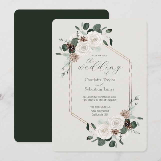 Invitation Mariage Emerald Green Et Fleurs Crème (Devant / Derrière)