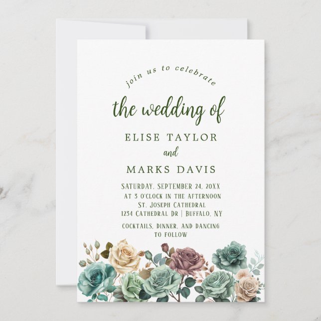 Invitation Mariage Emerald Green Rose Beige Foilage (Devant)
