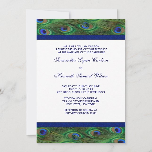 Invitation Mariage Emerald Green Royal Blue Peacock Feathers (Devant)