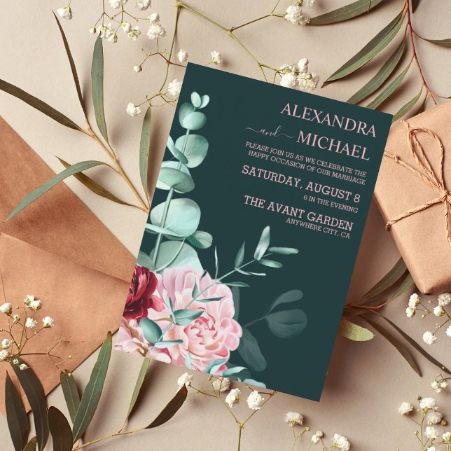 Invitation Mariage Emerald Green Watercolor Bourgogne Fleurs (Créateur téléchargé)