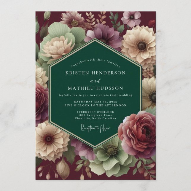 Invitation Mariage Emeraude Bourgogne Fleur Dramatique (Devant)
