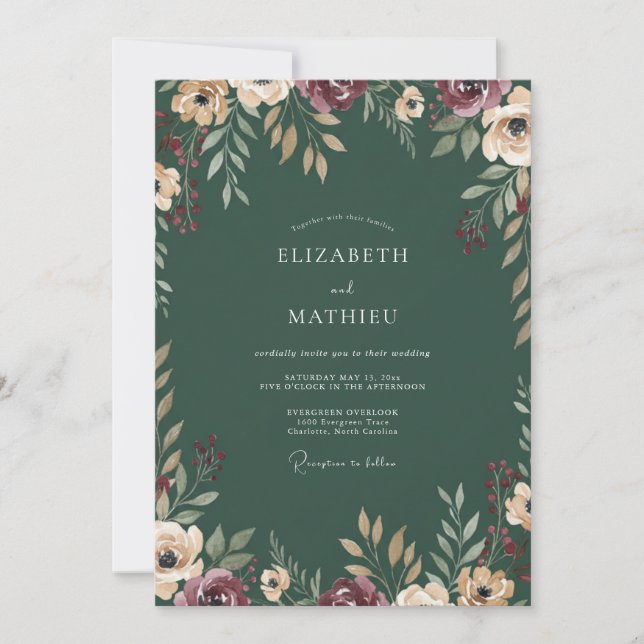 Invitation Mariage Émeraude Bourgogne Ranunculus Eucalyptus (Devant)
