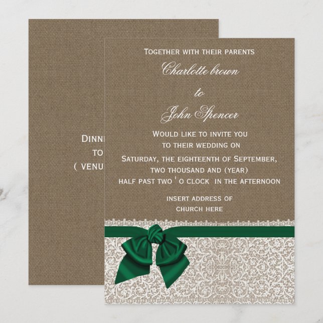 Invitation mariage émeraude en dentelle de burlap (Devant / Derrière)