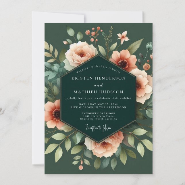 Invitation Mariage Emeraude et Pêche Chiaroscuro (Devant)