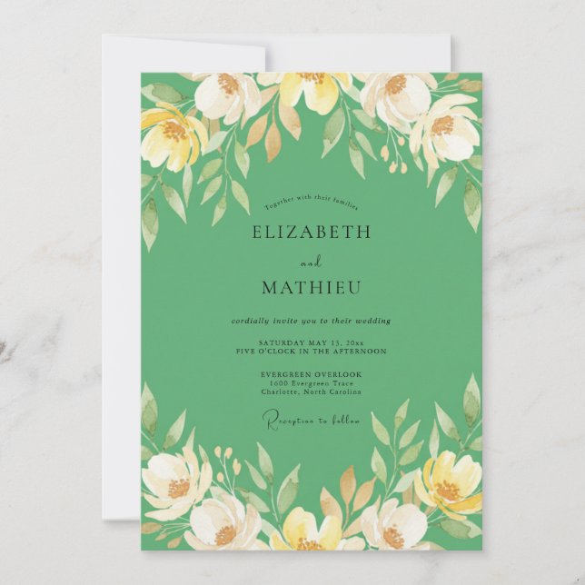 Invitation Mariage Émeraude Fleur Sauvage Jaune (Devant)