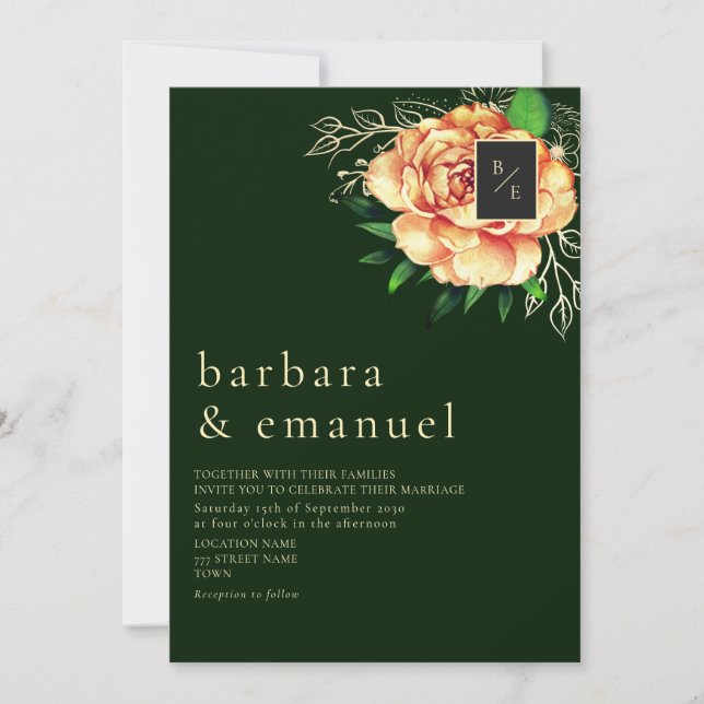 Invitation Mariage Émeraude Floral Pêche (Devant)