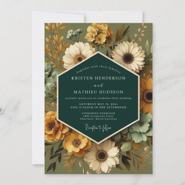 Invitation Mariage Émeraude Flore Vintage (Devant)