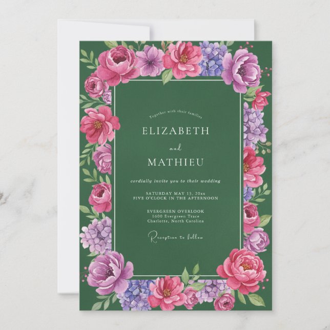 Invitation Mariage Émeraude Magenta Ranunculus Eucalyptus (Devant)
