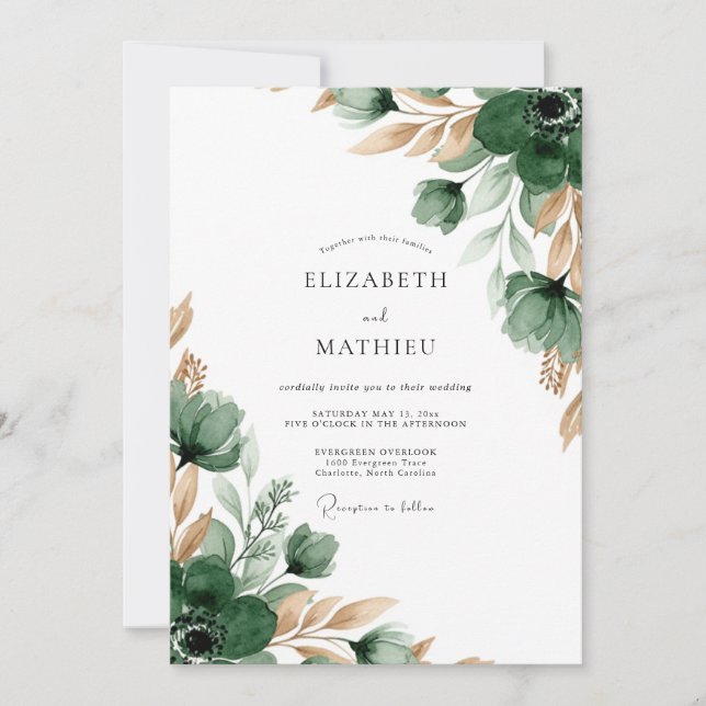 Invitation Mariage Émeraude Verte Flourissante (Devant)