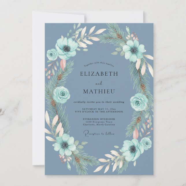 Invitation Mariage en acier Aqua Feuillage Eucalyptus (Devant)