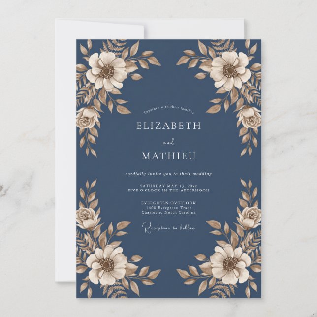 Invitation Mariage en acier bleu foncé feuillu (Devant)