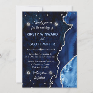 Invitation Mariage en agate et marbre bleu et argent pailleté