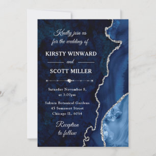 Invitation Mariage en agate et marbre bleu et argent pailleté