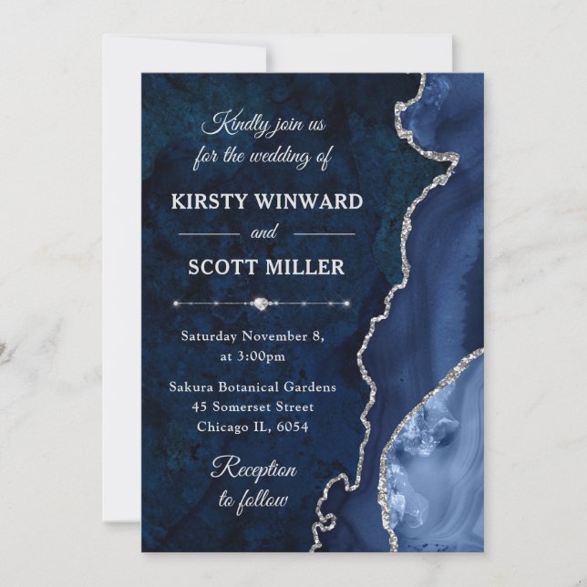 Invitation Mariage en agate et marbre bleu et argent pailleté (Devant)