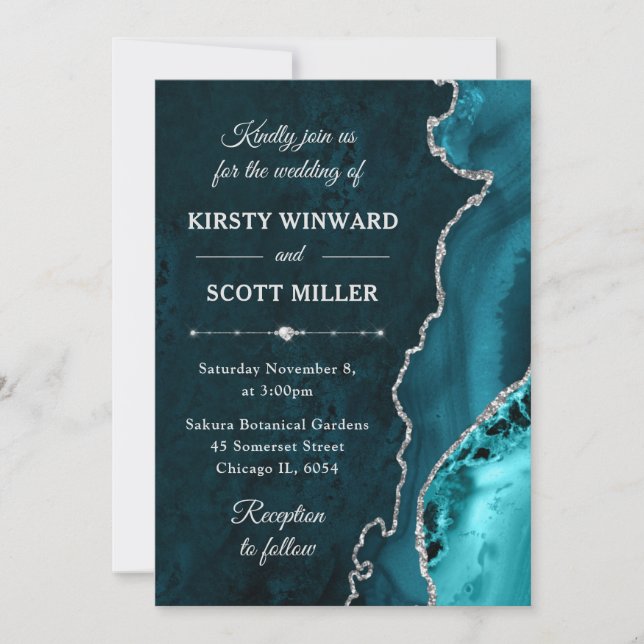 Invitation Mariage en agate et marbre sarcelle et paillettes  (Devant)