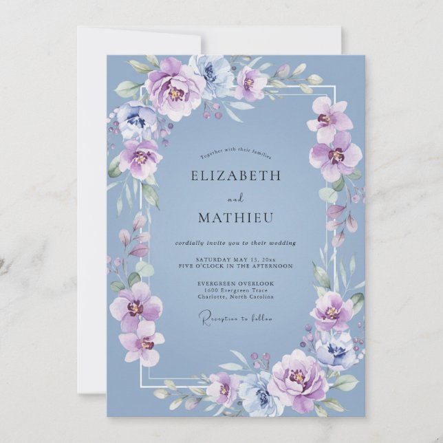 Invitation Mariage en Améthyste Pétales Bleu Acier (Devant)
