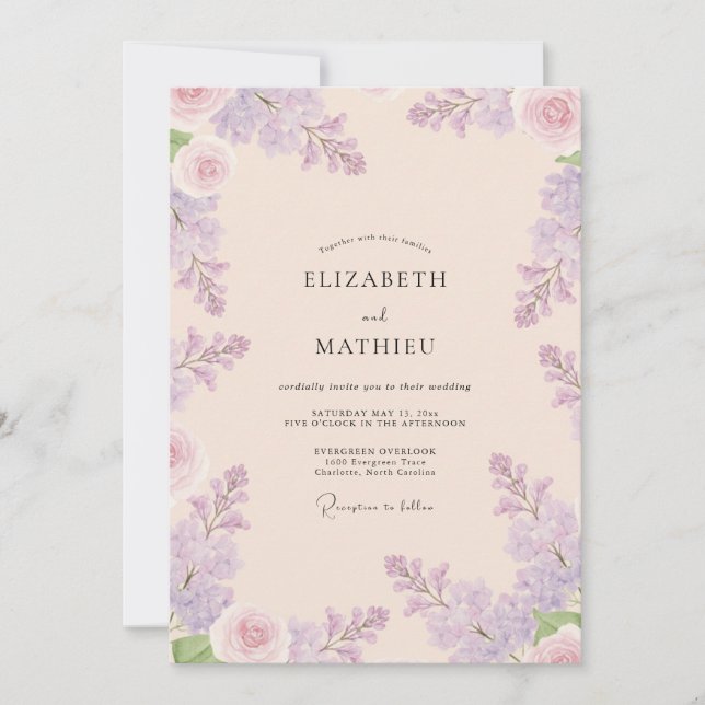 Invitation Mariage en Améthyste Wisteria Rose Pâle (Devant)