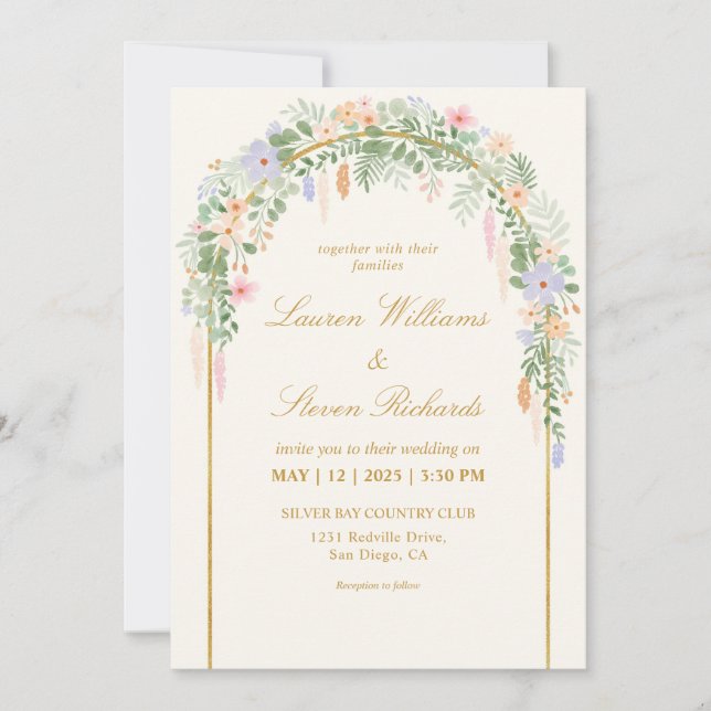 Invitation Mariage en arc fleuri Beige Vert Or (Devant)