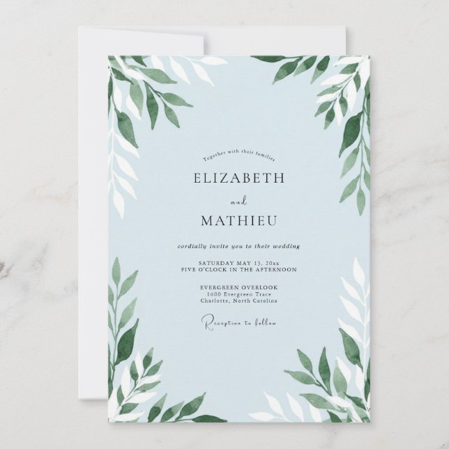 Invitation Mariage en ardoise bleue poudre feuillue (Devant)