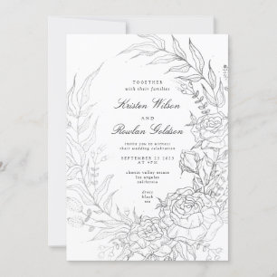Invitation Mariage en argent noir blanc en couronne de fleurs
