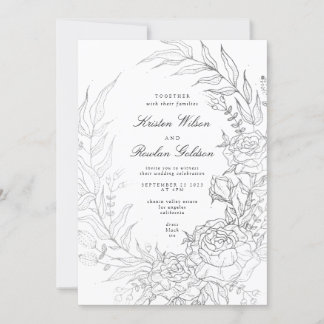Invitation Mariage en argent noir blanc en couronne de fleurs