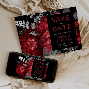 Invitation Mariage en argent rouge floral foncé Enregistrer l
