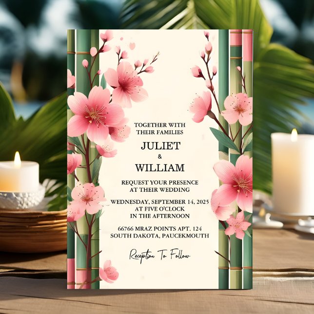 Invitation Mariage en bambou rose Sakura cerise en fleurs (Créateur téléchargé)