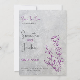 Invitation Mariage en béton gris et violet Enregistrer la dat