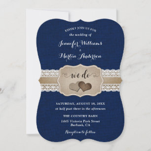 Invitation Mariage en bleu marine Burlap et dentelle
