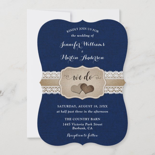 Invitation Mariage en bleu marine Burlap et dentelle (Devant)