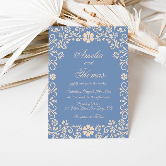 Invitation Mariage en bleu poussiéreux de Talavera Mexicaine  (Créateur téléchargé)