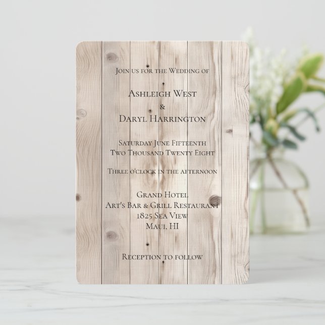 Invitation Mariage en bois blanc crème (Debout devant)