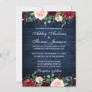 Invitation Mariage en bois bleu rustique Floral Bourgogne ble