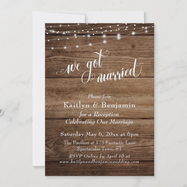 Invitation Mariage en Bois Brun Rustique avec Lumières Récept (Devant)