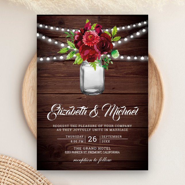 Invitation Mariage en bois dans un pot Mason floral rouge de  (Créateur téléchargé)