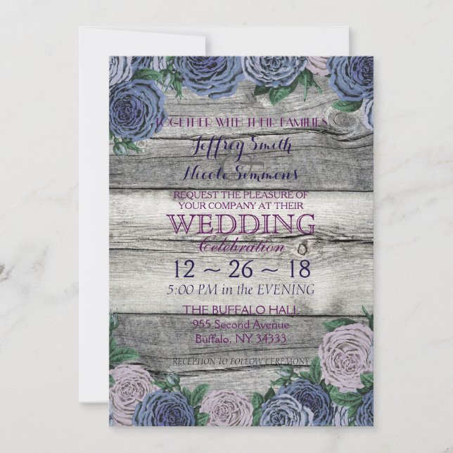 Invitation Mariage en bois de belle grange bleue rustique de (Devant)