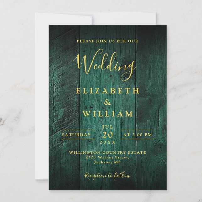 Invitation Mariage en bois de grange bohème rustique vert éme (Devant)