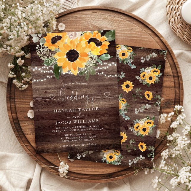 Invitation Mariage en bois de grange de tournesol rustique (Créateur téléchargé)