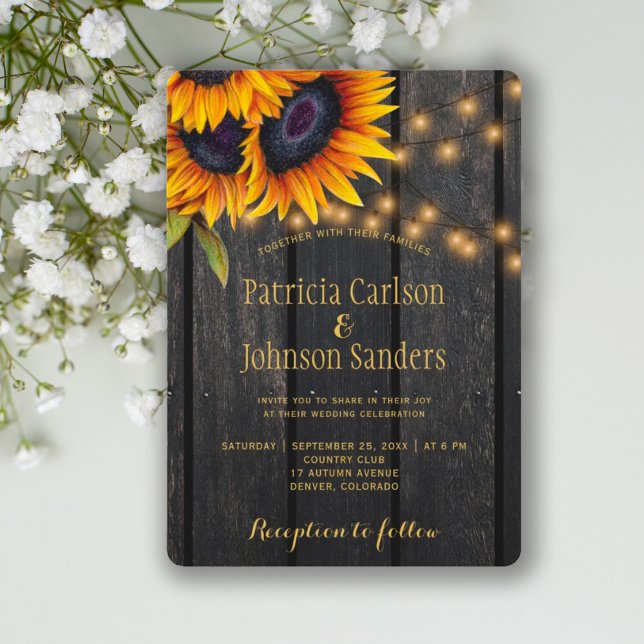 Invitation Mariage en bois de grange de tournesol rustique (Créateur téléchargé)