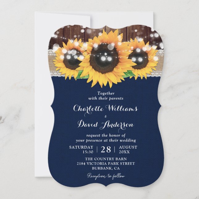 Invitation Mariage en bois de la Marine Bleu Tournesol Rustiq (Devant)