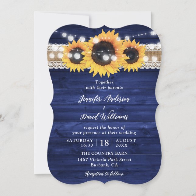 Invitation Mariage en bois de la Marine Blue Sunflower String (Devant)