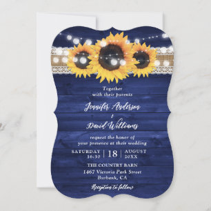 Invitation Mariage en bois de la Marine Blue Sunflower String
